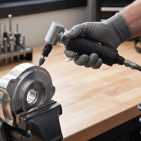 Rugged Air Angle Die Grinder 12000 RPM 90 Degree Right Angle Pneumatic Tool That Slips Into Tight Spaces Like Butter For Fast Auto Repair And Precision Grinding in use on an aluminum part.