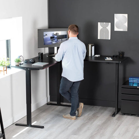 VIVO Electric L Shaped Standing Desk Frame With Height Adjustment For Corner setup, black steel frame with dual motors, ergonomic workstation.