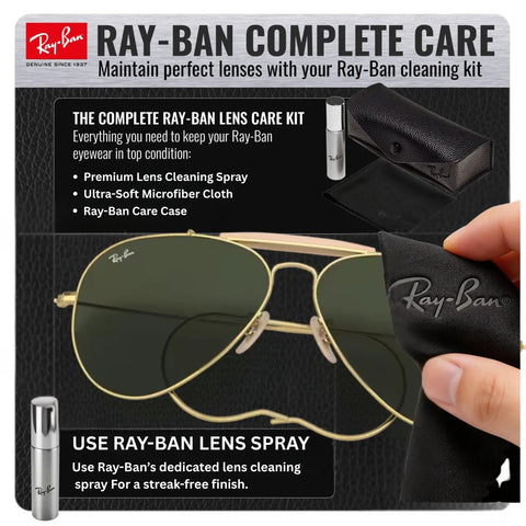 RB3030 Pilot Shape Non Polarized Shades For Men And Women With Green Lenses Unisex Eyewear Kit Included Perfect For Formal And Casual Wear Modern Edge Frames Durable Build All Day Comfort And Everyday Style displayed with cleaning kit