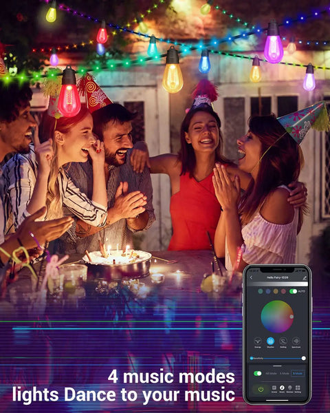 Group enjoying party under Outdoor 50ft Smart RGBw String Lights With Waterproof Rope Fairy Lights Bluetooth App Remote Control
