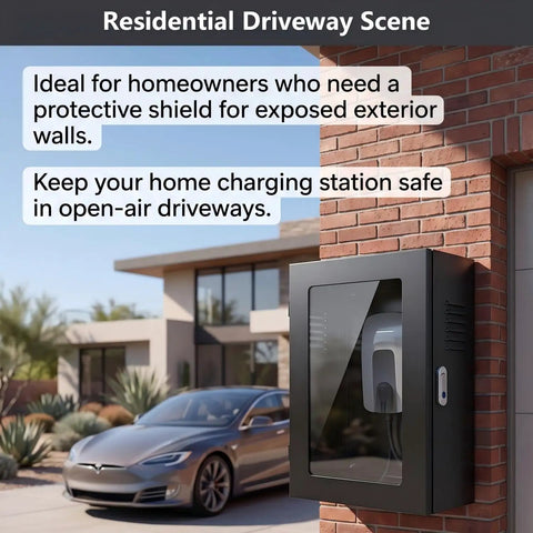 Rock Solid Commercial Grade Wall Mount EV Charger Enclosure Featuring Clear Front Window For Quick Meter Reads And Hella Tough Mechanical Lock Against Vandalism mounted on brick wall in residential driveway.