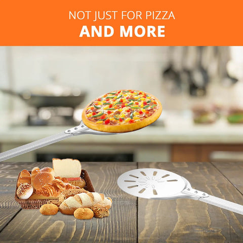 8 Inch Pizza Turning Peel With Long Handle Spinner, Perforated Aluminum Pizza Peel holding a pizza above bread basket