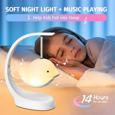 Bird Shaped Kids Night Light With Bluetooth Speaker And 16 Color Options next to sleeping child in cozy room setting.