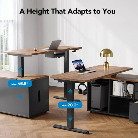 L Shaped Standing Desk With Electric Height Adjustment And Drawers 55 Inch By 23.6 Inch Walnut One Piece Desk Surface Four Memory Presets For Your Dope Home Office Setup And Computer Workstation shown, highlighting height adjustability from 28.3 to 46.5 inches with laptops and lamp on desk surfaces.