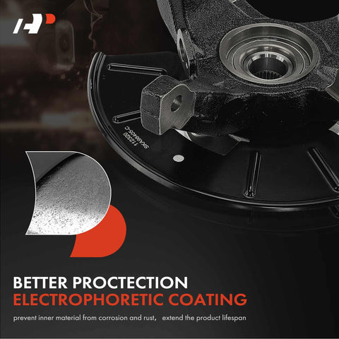 Close-up of front left steering knuckle and wheel bearing hub assembly with electrophoretic coating for corrosion protection