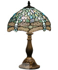 Sea Blue Stained Glass Dragonfly Tiffany Style Lampshade Replacement, 12 Inch Diameter, displayed on table lamp