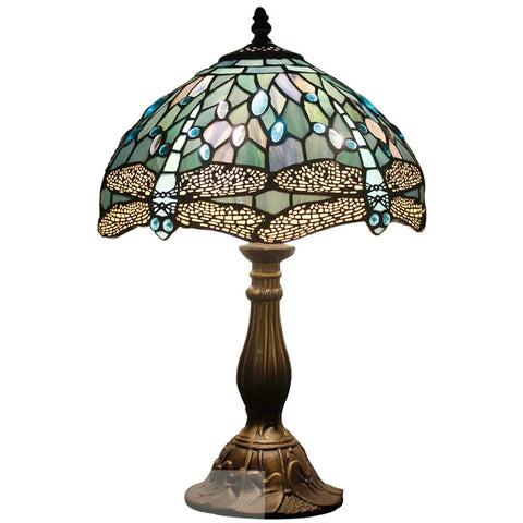 Sea Blue Stained Glass Dragonfly Tiffany Style Lampshade Replacement, 12 Inch Diameter, displayed on table lamp