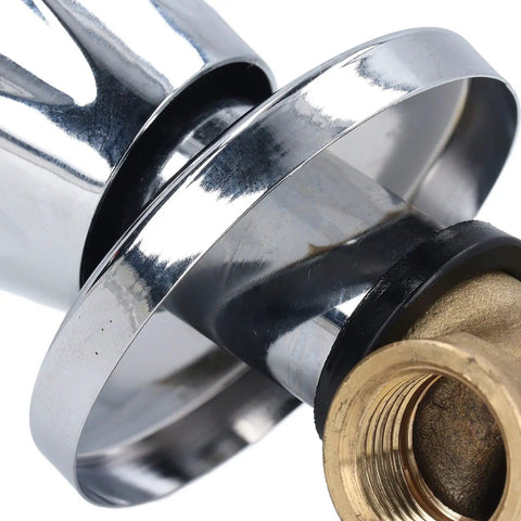 Close-up of Heavy Duty Brass Water Valve 1/2 Inch Female Npt Thread Fitting with shiny chrome finish and brass connection.
