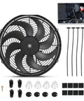 Straight Shot Universal 16 Inch Black Slim Radiator Cooling Fan 12V 100W Push Pull setup with mounting hardware and accessories.