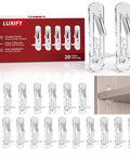 Twenty Piece Clear Cabinet Shelf Pegs With Secure Locking Clips For Three Quarter Inch Thick Shelves No Sweat Installation displayed in box with shelf. 