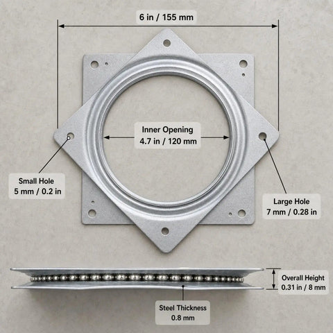Diagram of 6 Inch Lazy Susan Hardware Kit 8 Pack, Heavy Duty Silver Turntable Bearing 5/16 Thick with measurements and details.