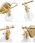 Details of Brushed Gold Vanity Light Fixture With Three Clear Glass Globes Over Mirror, Damp Rated Bathroom Bar
