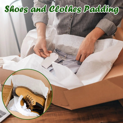 Person using bulk 200 sheets white tissue paper 14x20 inches for wrapping clothes and shoes in a box.