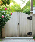 Wooden garden gate with 8 Pack Heavy Duty Gate Hinges 3.5 Inch Black Iron For Barn Doors Fences Gates Screws Included, side view