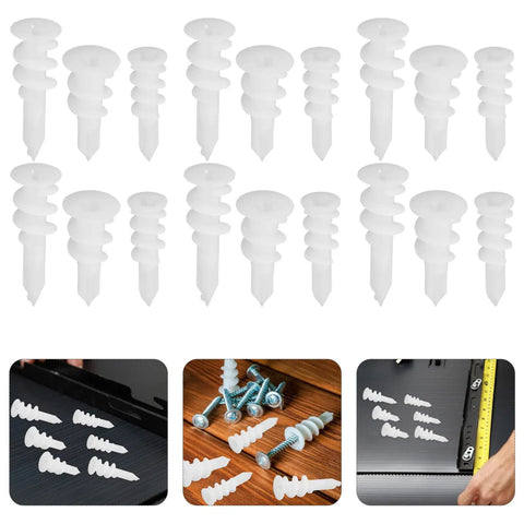 White Plastic Drywall Anchors Kit With 300 Pieces For Heavy Duty Drywall Repair And Installation, shown with screws and tools.