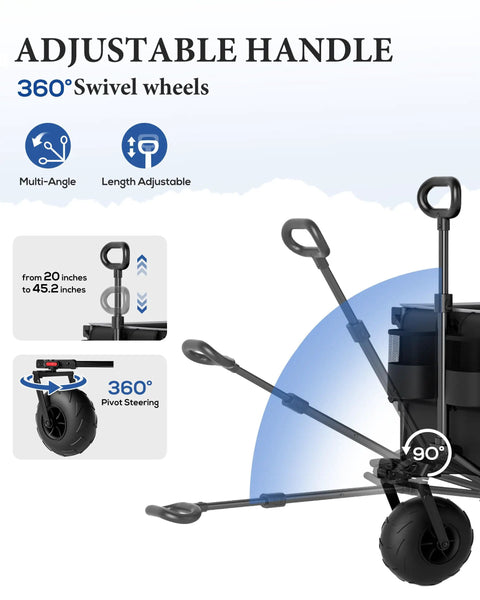 Beach Wagon With 9 Inch Balloon Wheels For Sand 200L Cart adjustable handle and swivel wheels detail image.