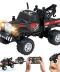 Pocket 1 To 64 Scale RC Truck With LED Lights And App Control, 2.4GHz Remote, Alloy Body, Black, shown with remote and app screen.