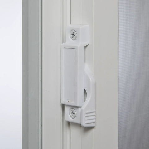 Close-up of latch on Vinyl Basement Slider Window 32 By 22 Inch White With Easy Glide Sash And Heavy Duty Frame For New Construction.