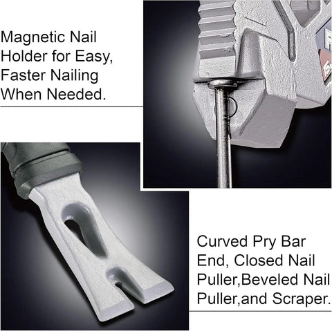 15 Inch Multi Function Demolition Tool Nail Puller with cross hatch hammer showing magnetic nail holder and pry bar detail