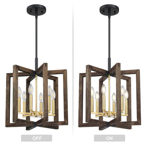 Six Light Farmhouse Ceiling Light With Adjustable Height Hand Painted Wood Finish Semi Flush Mount Black Rustic Pendant Chandeliers For Foyer Dining Room Kitchen Island And Hallway, shown on and off state.