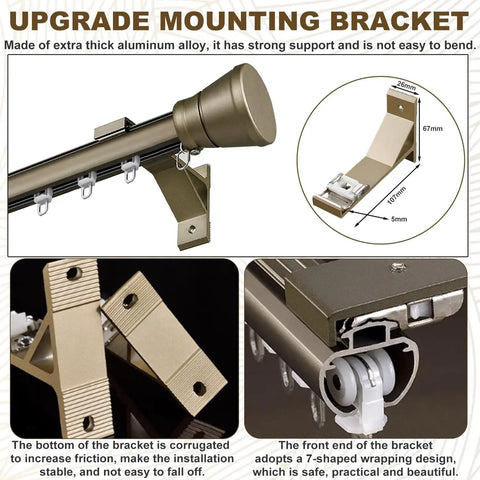 Built To Last Heavy Duty Aluminum Curtain Track System For Windows And Room Dividers, Wall Mounted Silent Drapery Rail With Pulleys, Roman Rod Style, Easy Install Gold Finish, 2 Meter Length bracket close-up, aluminum alloy, 107mm x 67mm