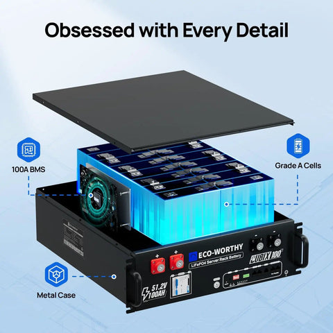 Diagram of 48V 100Ah LiFePO4 Battery With Bluetooth For Solar Storage, showing internal structure and metal case details.