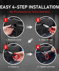 Hella Tough Screw On Front Bumper Tow Hook With Glossy Red Race Design D Ring installation steps, easy 4-step process shown.