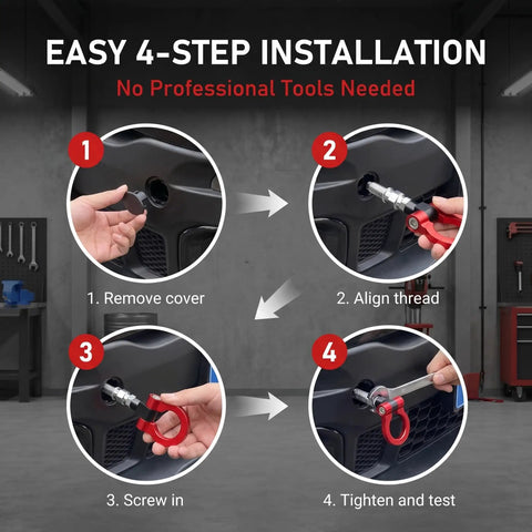 Hella Tough Screw On Front Bumper Tow Hook With Glossy Red Race Design D Ring installation steps, easy 4-step process shown.