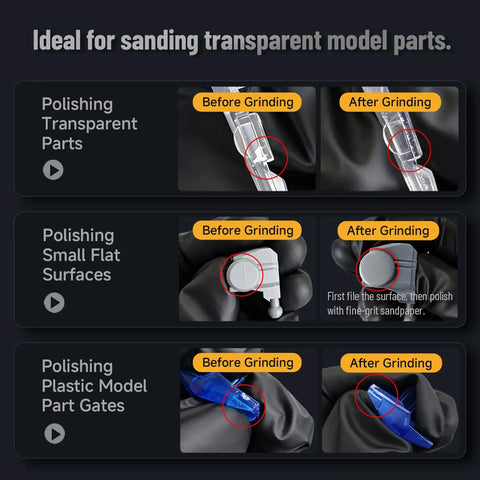 Three stages of using Hobby Model Polishing Tools Set 3 Piece Glass Polishing Files 600 And 800 Grits With Anti Slip Grip.