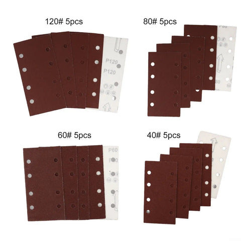 Get This Awesome 20 Pcs Rectangle Sanding Paper Set For Woodworking With 93x185mm Sheets And Sweet Flocking Design Across Assorted Grits Like 40, 60, 80, And 120 For Smooth Shaving And Polishing Magic Without Tearing Your Projects Apart, showing 120, 80, 60, and 40 grit sandpapers.