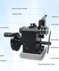 RATTMMOTOR HRV60 mini punch grinder with base plate and black metal hand crank; compact precision tool (side view)