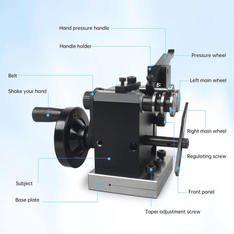 RATTMMOTOR HRV60 mini punch grinder with base plate and black metal hand crank; compact precision tool (side view)