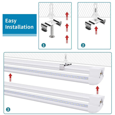 Installation diagram for 8 Foot Ultra Bright V Shaped Led Shop Light Fixture With Clear Cover 120W 14400 Lumens 6000K Cold White Linkable Tubes For Garage And Warehouse Use 25 Pack showing ceiling mount details.