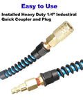 Installed Heavy Duty 1/4 Inch ID Polyurethane Recoil Air Hose with quick coupler and plug for air compressors.