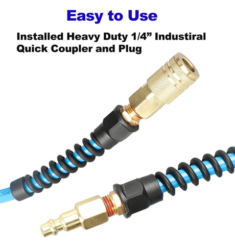 Installed Heavy Duty 1/4 Inch ID Polyurethane Recoil Air Hose with quick coupler and plug for air compressors.