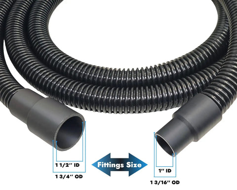 10 Foot Dust Collection Hose Kit With Five Fittings For Woodworking Power Tools Premium Durable PVC Hose With One Inch Inner Diameter And One And Quarter Inch Outer Diameter Tough ABS Build For Home Shops Wet Dry Vacuums showing fittings size