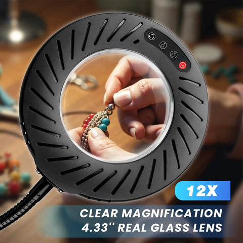 Hands using 12X Magnifying Glass With Light And Stand For Crafting, showing detailed beadwork through 4.33 inch lens.