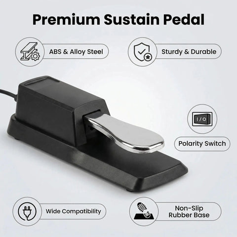 Sustain Foot Pedal For Keyboards And Digital Pianos With Polarity Switch Quarter Inch Input Plug Durable ABS Plastic And Alloy