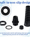 4 Pack NPT One Half Inch Waterproof Cable Glands For Six To Twelve Millimeter Cables, Adjustable Strain Relief Bushing, Nylon Body, Keeps Your Wiring Dry, Sealed And Protected Anywhere. Black nylon cable gland with self-locking nut and threaded body
