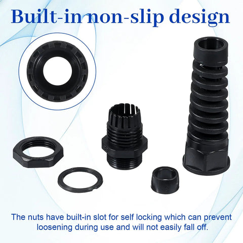 4 Pack NPT One Half Inch Waterproof Cable Glands For Six To Twelve Millimeter Cables, Adjustable Strain Relief Bushing, Nylon Body, Keeps Your Wiring Dry, Sealed And Protected Anywhere. Black nylon cable gland with self-locking nut and threaded body