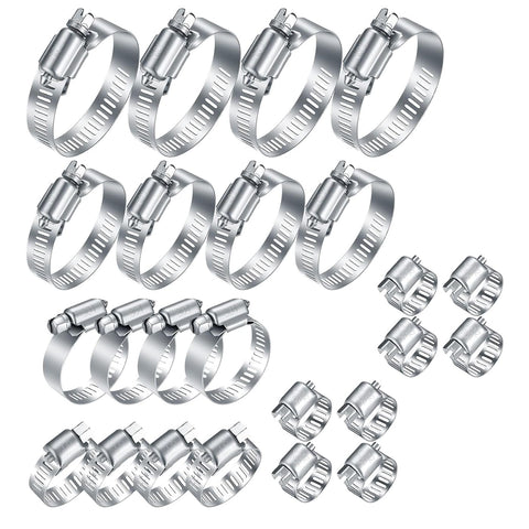 All In One Heavy Duty Stainless Steel Hose Clamp Kit With 24 Adjustable Worm Gear Clamps One Quarter Inch To Three Inches 6 To 76mm Ideal For Fuel Lines Garden Hoses Plumbing And Automotive Repairs displayed in varying sizes.