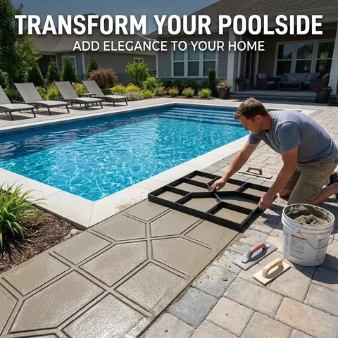 Man using DIY Garden Path Stepping Stone Molds 2 Pack Reusable Concrete Paver Molds For Outdoor Patio Pathway Create Real Stone Look Walkway Easily No Tools Required by a poolside