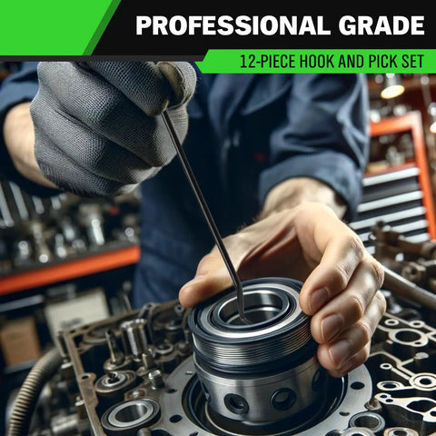 Mechanic using Pro Grade 12 Piece Pick And Hook Tool Set For Auto Mechanics, Ultra Durable Chrome Vanadium Hooks on engine part
