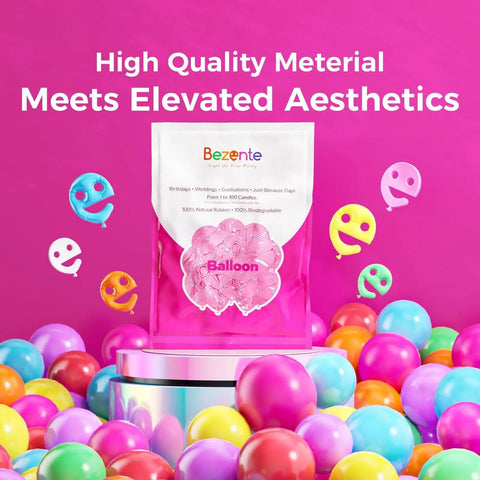 Lit Assorted Rainbow Latex Balloons 100 Pack with colorful balloons, pink ribbon pack on top of assorted inflated balloons
