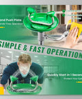 Emergency Stand Up Eye Wash Station Floor Mounted Eyewash System For Workplace Safety ANSI Compliant Built Tough 304 Stainless Steel Frame With Twelve Liters Per Minute Flow Rate Easy Install Durable Eyewash Basin, hand push plate