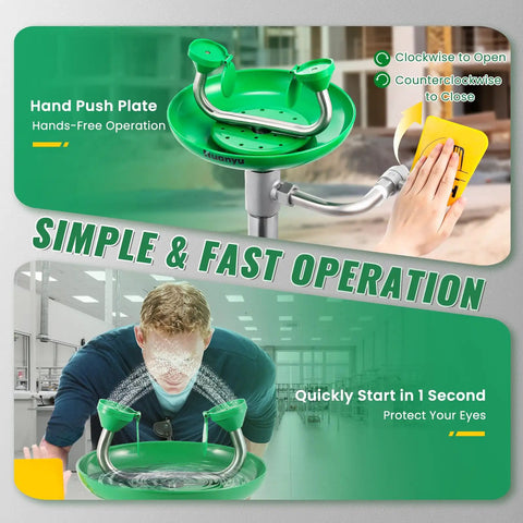 Emergency Stand Up Eye Wash Station Floor Mounted Eyewash System For Workplace Safety ANSI Compliant Built Tough 304 Stainless Steel Frame With Twelve Liters Per Minute Flow Rate Easy Install Durable Eyewash Basin, hand push plate