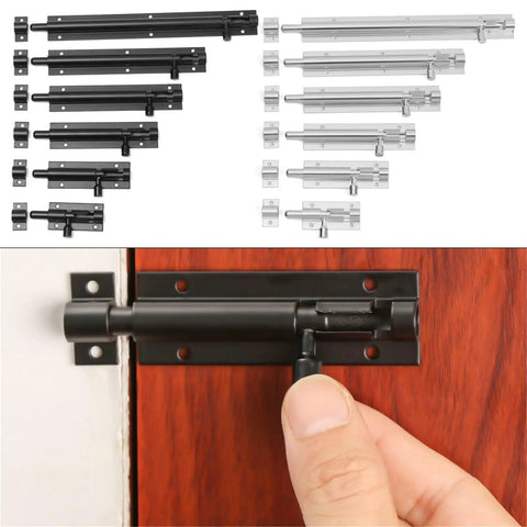 Heavy Duty Sliding Bolt Door Latch Pack Of Two Aluminum Alloy Gate Lock For Barn And Patio Doors Smooth Operator Self Closing Design showing black and silver latches.