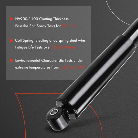 Close-up of rear gas shock absorber strut with specifications for Chevrolet Silverado 1500 and GMC Sierra 1500 2007-2018.