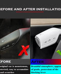 Tesla Model 3 And Model Y Steering Lever Cover Gear Shift Slick Decorative Cover White ABS Interior Accessory With Precise Fit Durable Scratch Resistant Shield Easy Install For A Clean Custom Look shown before and after installation.