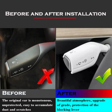 Tesla Model 3 And Model Y Steering Lever Cover Gear Shift Slick Decorative Cover White ABS Interior Accessory With Precise Fit Durable Scratch Resistant Shield Easy Install For A Clean Custom Look shown before and after installation.